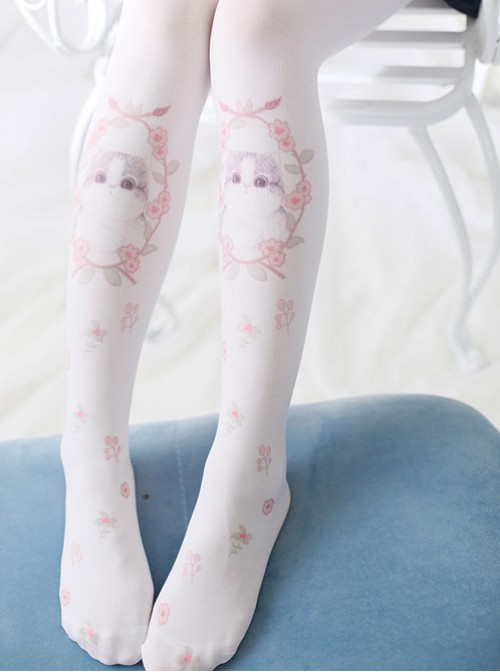 Japanese Sweet Soft Sprouted Cat Print Stockings Cute Lolita Students Bottoming Socks