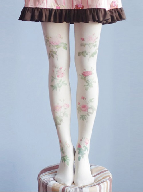 Mori Girl Milky White Rose Printing Pantyhose Student Socks