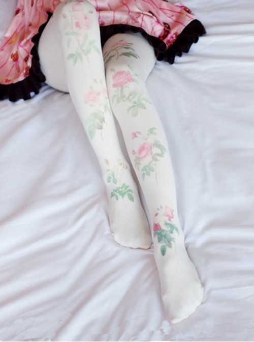 Mori Girl Milky White Rose Printing Pantyhose Student Socks