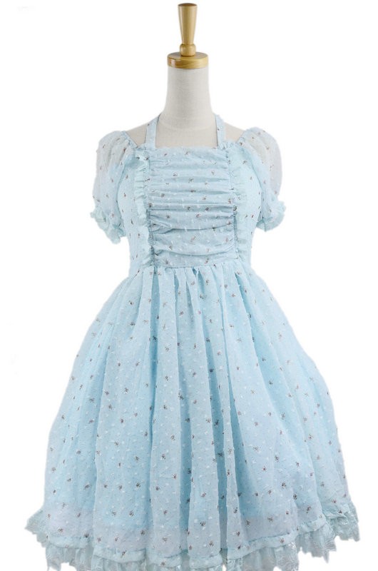 Blue Jacquard Chiffon Bow Short Sleeve Sweet Lolita Dress