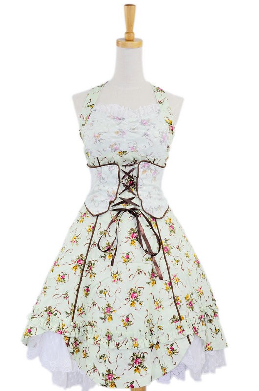 Green Sweet Floral Bow Cotton Lolita Dress