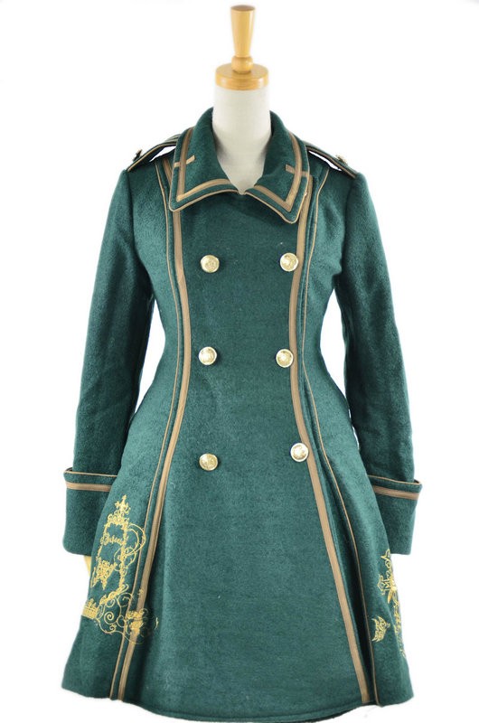 Deep Green Turndown Collar Long Sleeves Wool Flannel Lolita Coat