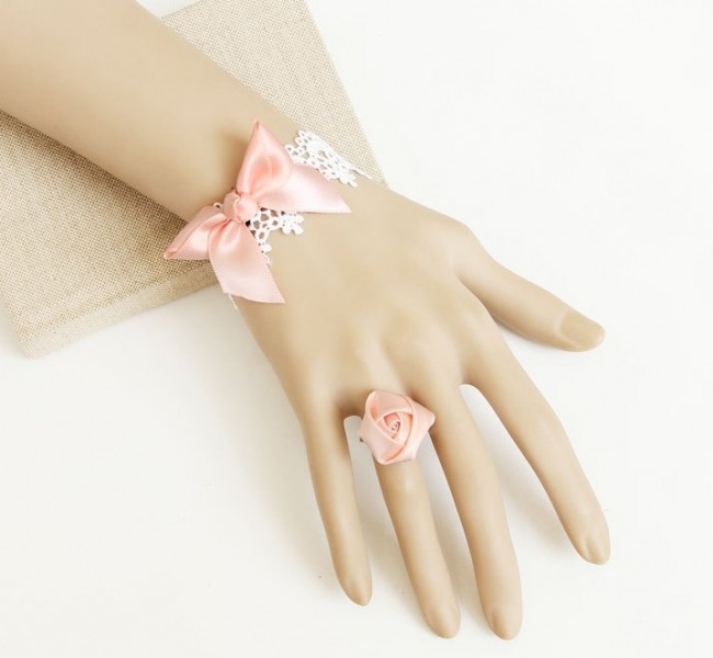 Sweet Pink Bow Rose Girls Lolita Bracelet And Ring Set