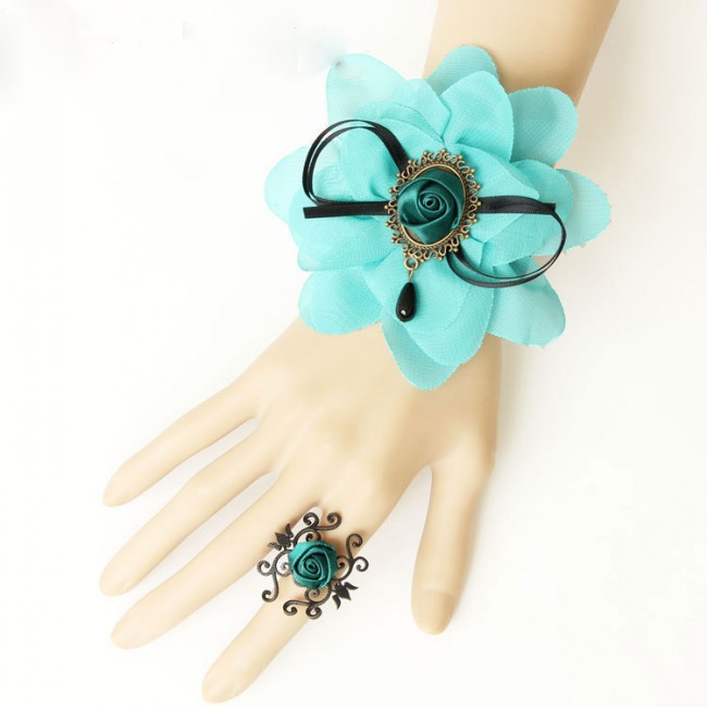 Blue Chiffon Floral Girls Lolita Bracelet And Ring Set