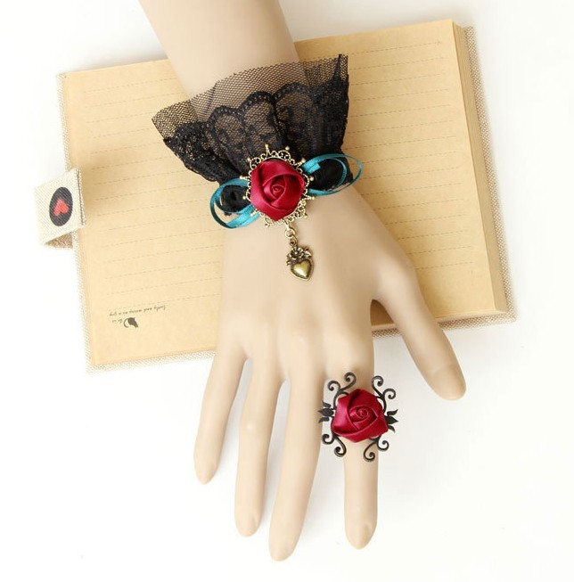 Elegant Concise Black Lace Red Rose Lolita Bracelet And Ring Set