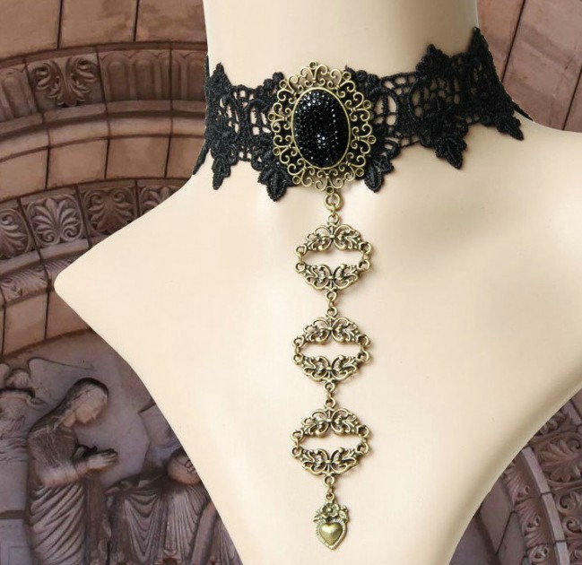 French Black Crystal Gothic Water Drop Tassel Lolita Lace Necklace