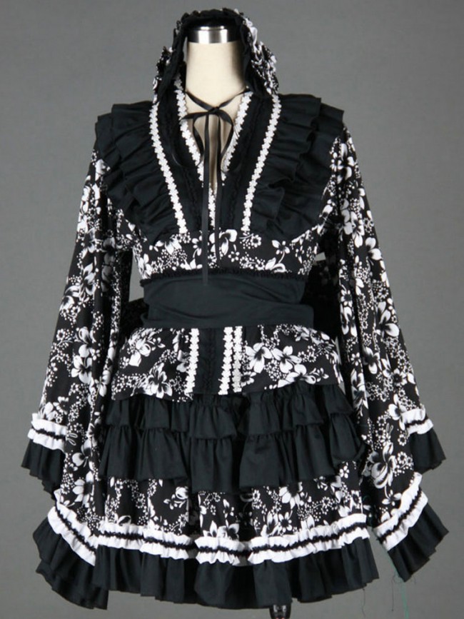 Black And White Long Sleeves Cotton Gothic Lolita Dress
