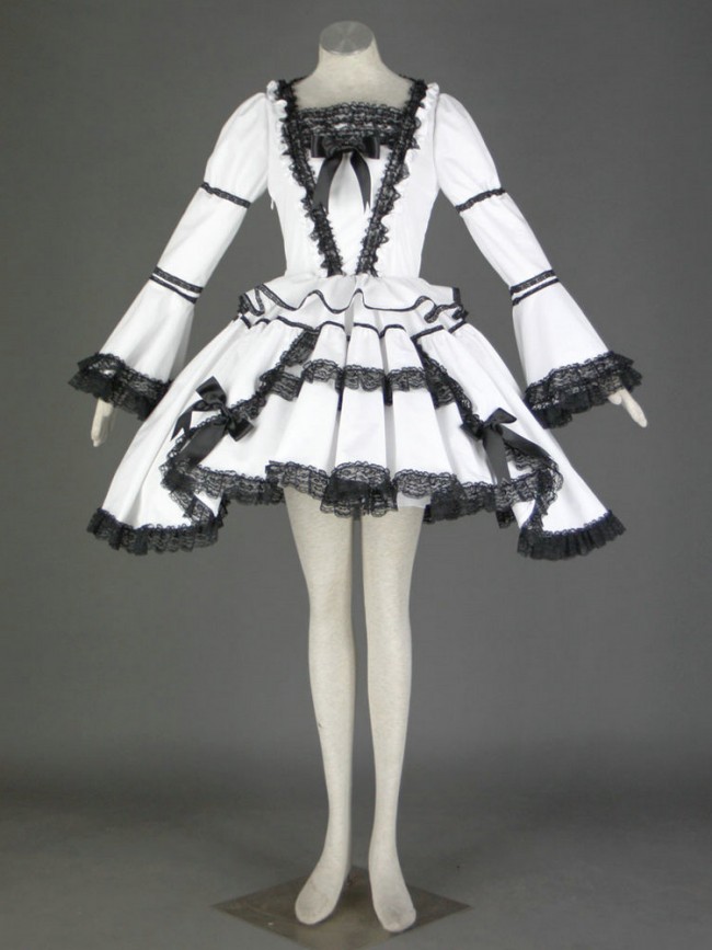 Black And White Long Sleeves Lace Trim Cotton Gothic Lolita Dress