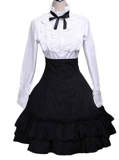 Classic White Cotton Lolita Blouse Black Lace Lolita Skirt
