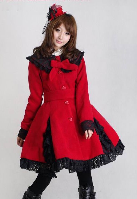 Glamorous Red Long Sleeves Bow Black Lace Lolita Coat