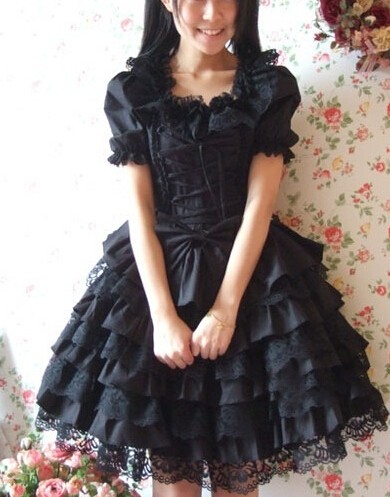 Black Short Sleeves Ruffle Sweet Cotton Lolita Dress
