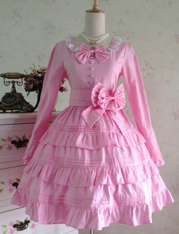 Sweet Long Sleeves Pink Bow Cotton Lolita Dress
