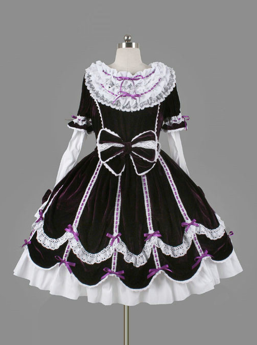 Black Cotton Cute Bowknot Sweet Lolita Long Sleeve Dress