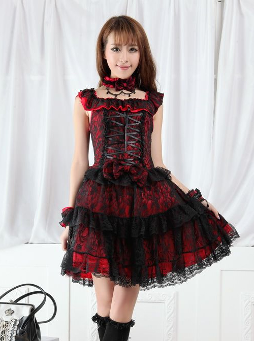 diagram lys pære silke Red And Black Lace Gothic Lolita Sleeveless Dress