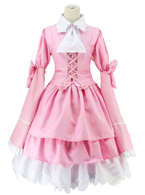Pink Long Sleeves Bowknot Cosplay Costume Sweet Lolita Dress.