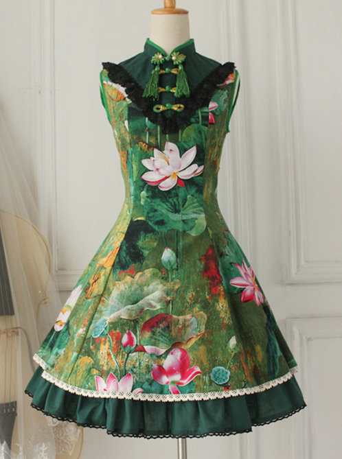 Cotton Vintage Chinese lotus Flounced Little Standing Collar Qi Lolita Sleeveless Dress