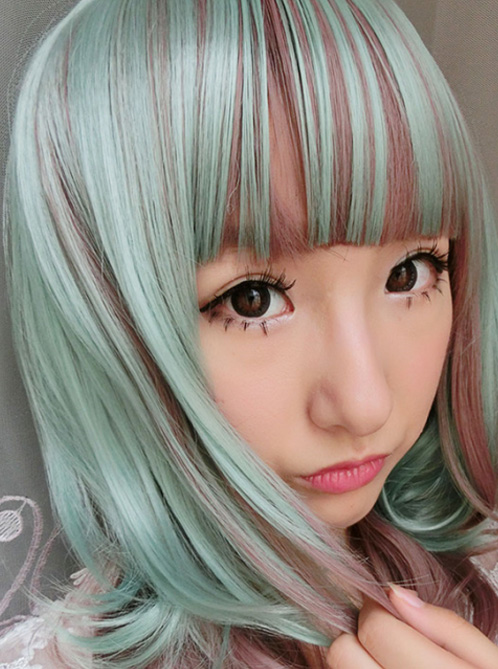 Cyan Rosy Brown Curls Lolita Short Wig