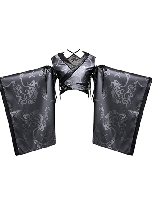Grey Black Half Hollow V-Neck Stitching Lace-Up Large Sleeves Halloween ...