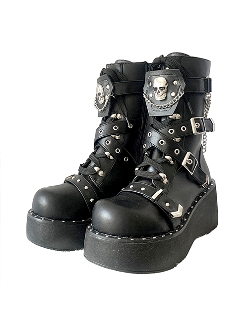 Goth Platform Ankle Boots with Pink Ghost & Laces