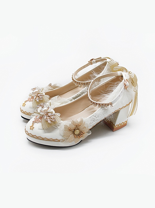 Sweet White Lolita Heels Bridal Shoes - Chiffon Bow, Pearl Fringe Sandals, 3.5 Inch Heel