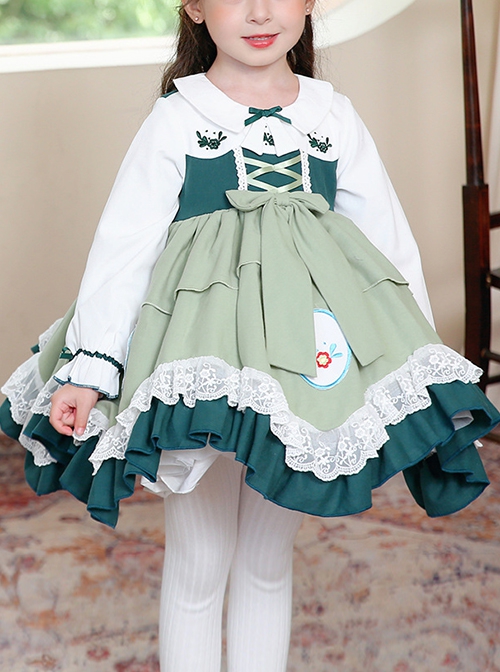 Girls Long Sleeve Floral Lolita Dress Cotton Dress with Apron 2 Pcs