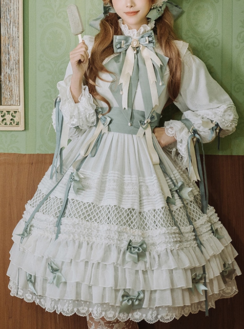 Stand Collar Lace Lantern Sleeve Detachable Bow-Knot Tie