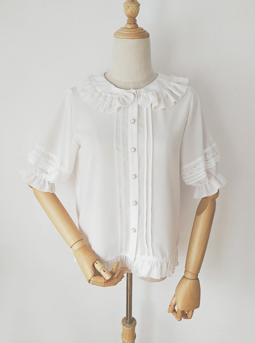 Lady Women Lace Short Sleeve Shirt V Neck Doll Chiffon Tops white