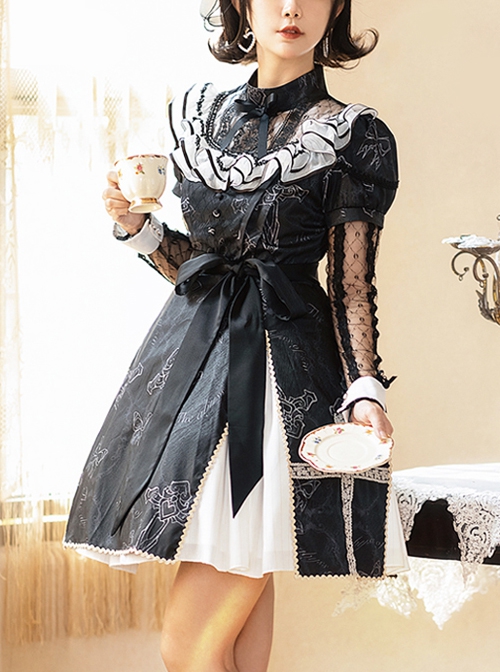 Blue The Witch's Banquet Sleeveless Printed Ruffled Embroidered Bow Lace Sweet Lolita Jsk Dress main image 0
