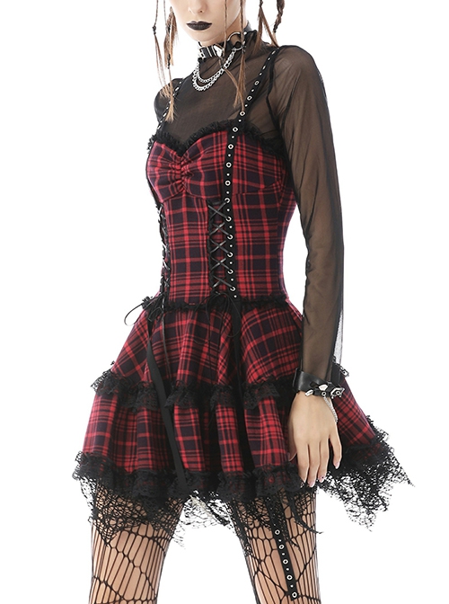 Lace Up Ruffle Straps Dress Sleeveless A Line Punk Style Knee Length Solid Black Dresses
