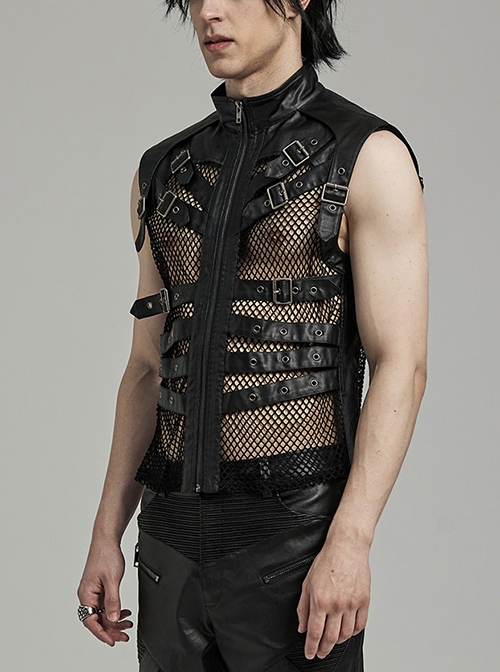 Punk Style Stand Collar Sexy Mesh See Through Cool Leather