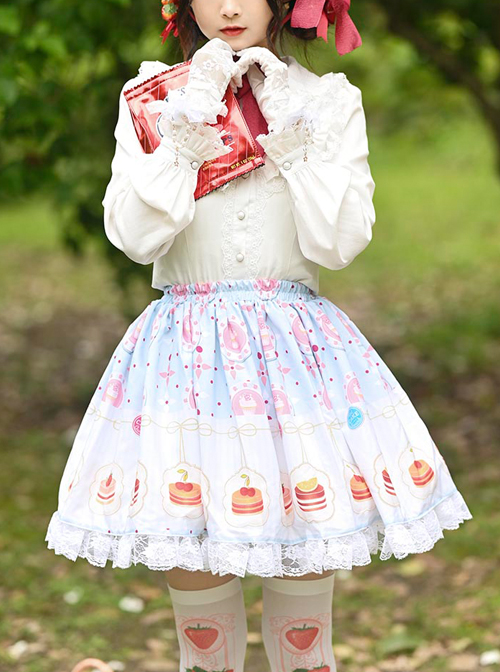 Cute Cake Printing Sweet Lolita Ruffle White Lace Light Blue Skirt