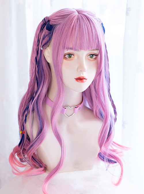 Light Sense Girl Series Cyberpunk Pink Blue Highlight Gradient Long Curly Wig Punk Lolita Wigs