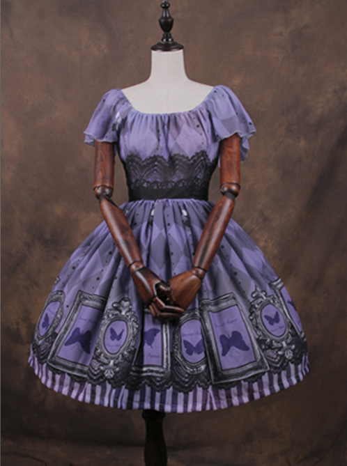 Obsidian Butterfly Dance Crystal Purple Short Sleeve Lolita OP