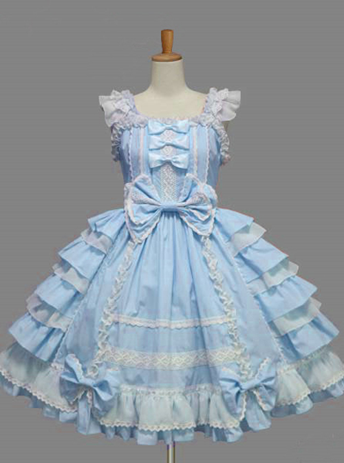 Blue Plaid Print Long Sleeves Bowknot Lace Sweet Lolita Dress main image 0