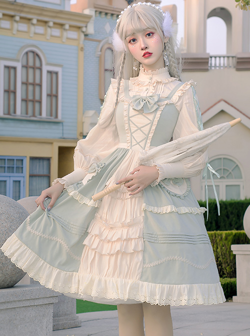 Pastoral Style Light Green Sweet Lolita Sling Dress And Shirt Set