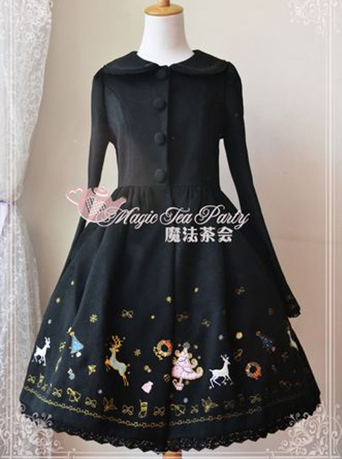 Christmas Morning Light Embroidery Black Classic Lolita Overcoat
