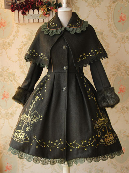 Carousel Series Golden Thread Embroidery Deep Olive Green Plus Cashmere Lolita Coat