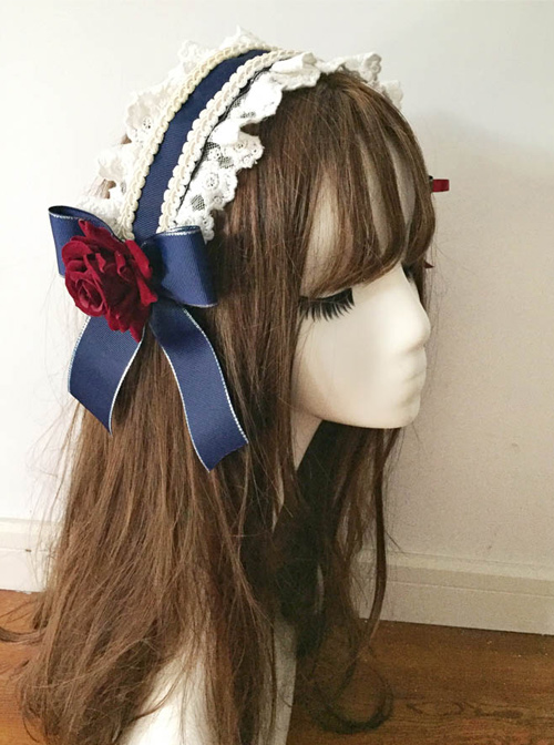 Vintage Ornate Red Rose Navy Blue Bowknot Classic Lolita Hairband