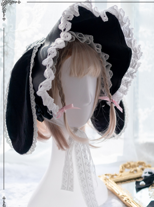 Lolitain White Lace Black Rabbit Ears Cute Gothic Lolita Bonnet