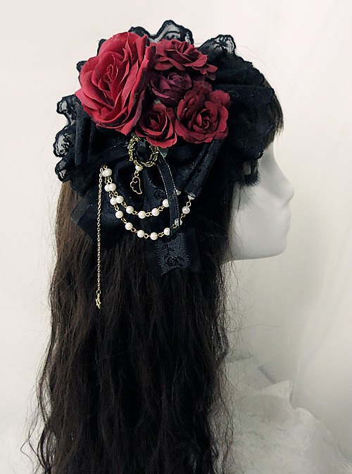 Multicolor Rose Lace Bead Chain Elegant Gothic Lolita Hair Clip