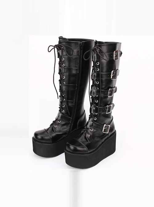 Punk Black Cross Ornament Lace-up Lolita High Boots