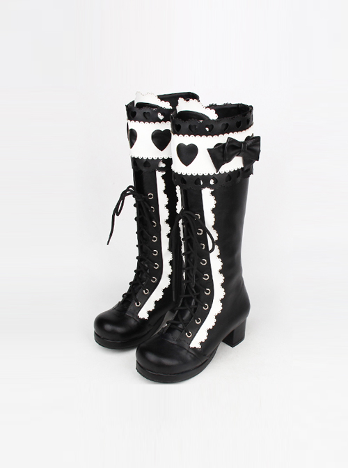 Black-white Sweet Lace Bowknot Heart-shaped Round-toe Lolita High Boots