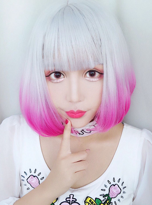 Rinka Haircut Short Curly Hair Silver Pink Gradient Lolita Wig