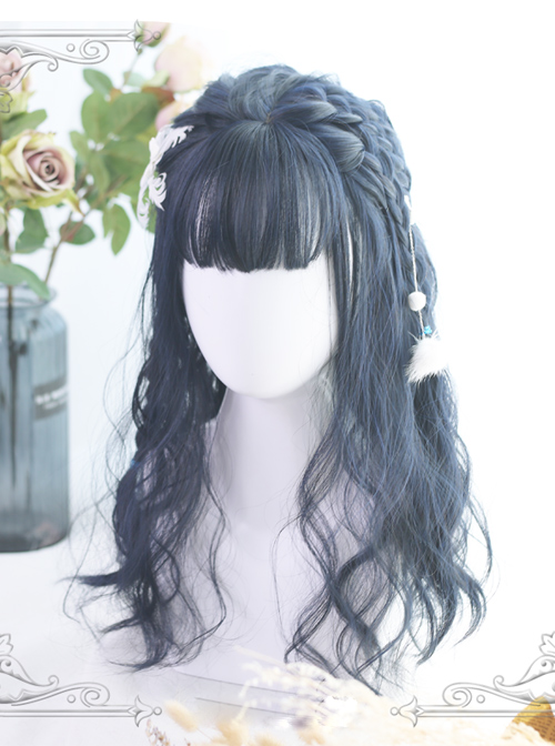 Air-bangs Small Wave Long Curly Hair Navy Blue Lolita Wig