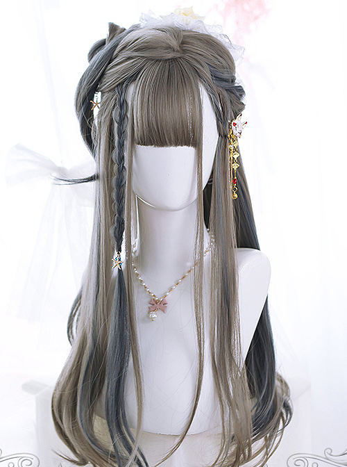Linen Gray Highlight Gray-blue Hair-tail Micro Curly Long Hair Classic Lolita Wigs