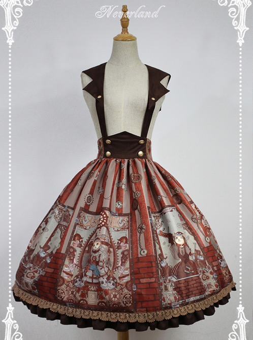 Steampunk Cat Series Cat Ears Collar Brick Red Punk Lolita Shoulder Straps Skirt