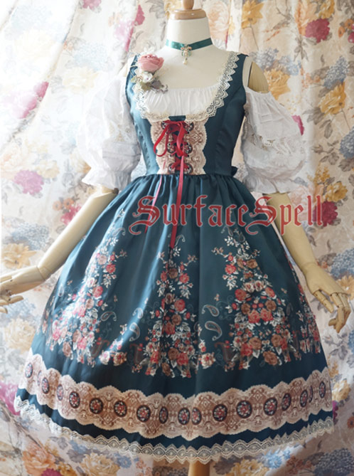 Alpen Rose Ethnic Style High Waist Fish-bone Light Dark Green Lolita Skirt