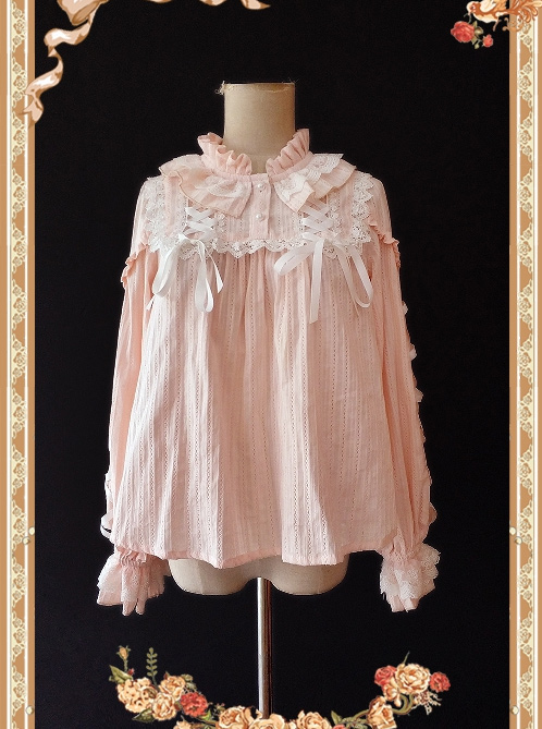 Warm Milk Tea Pure Cotton Pink Lace Puff Sleeve Classic Lolita Shirt