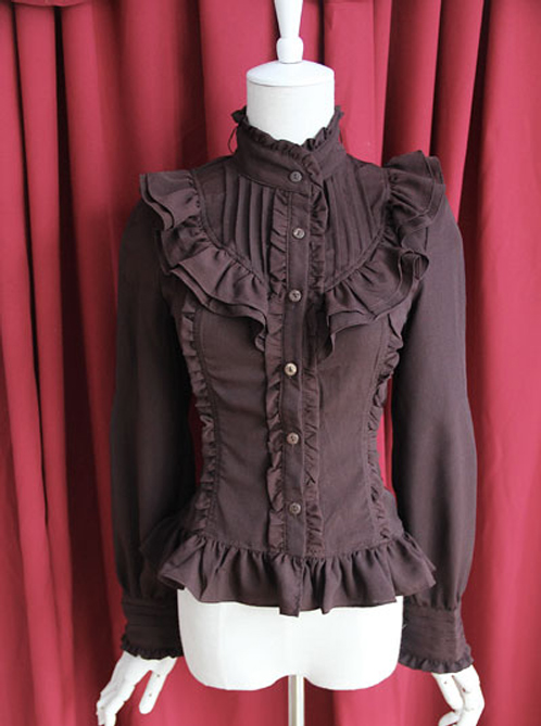 Moon's Elegy Standing Collar Accordion Pleats Brown Chiffon Long Sleeve ...