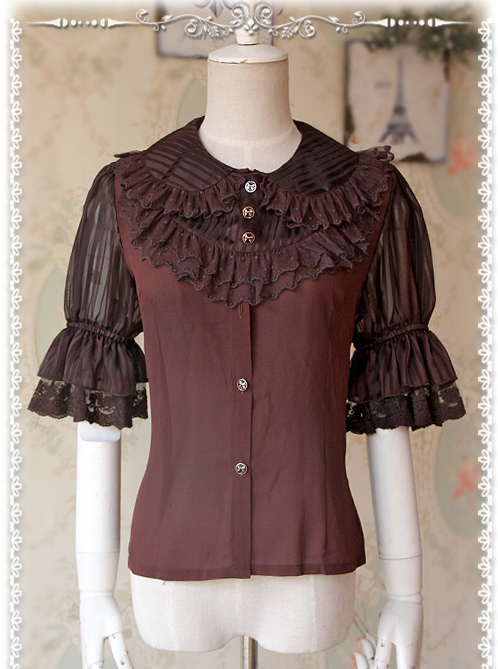 Deep Brown Glass Striped Doll Collar Lolita Bubble Sleeve Shirt